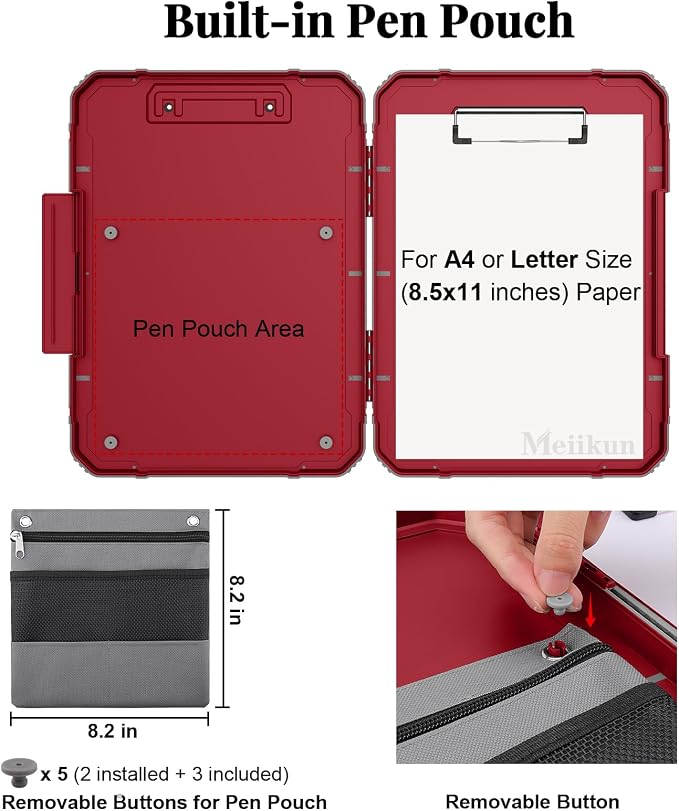 Meiikun Clipboard with Storage, Rugged Shockproof Protective, Internal Pen Pouch & Metal Clip, Heavy Duty Plastic Clip Boards 8.5x11, High Capacity Contractor Folder for School Office (Red)
