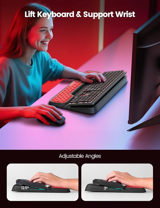 Vaydeer Keyboard Stand with Wrist Rest, Gaming Wrist Support Pad, Ergonomic Hand Rest Arm Soft Memory Foam for Palm Typing Comfort, Tilt Keyboard Riser Holder Lift Computer Desk Accessory Office Home