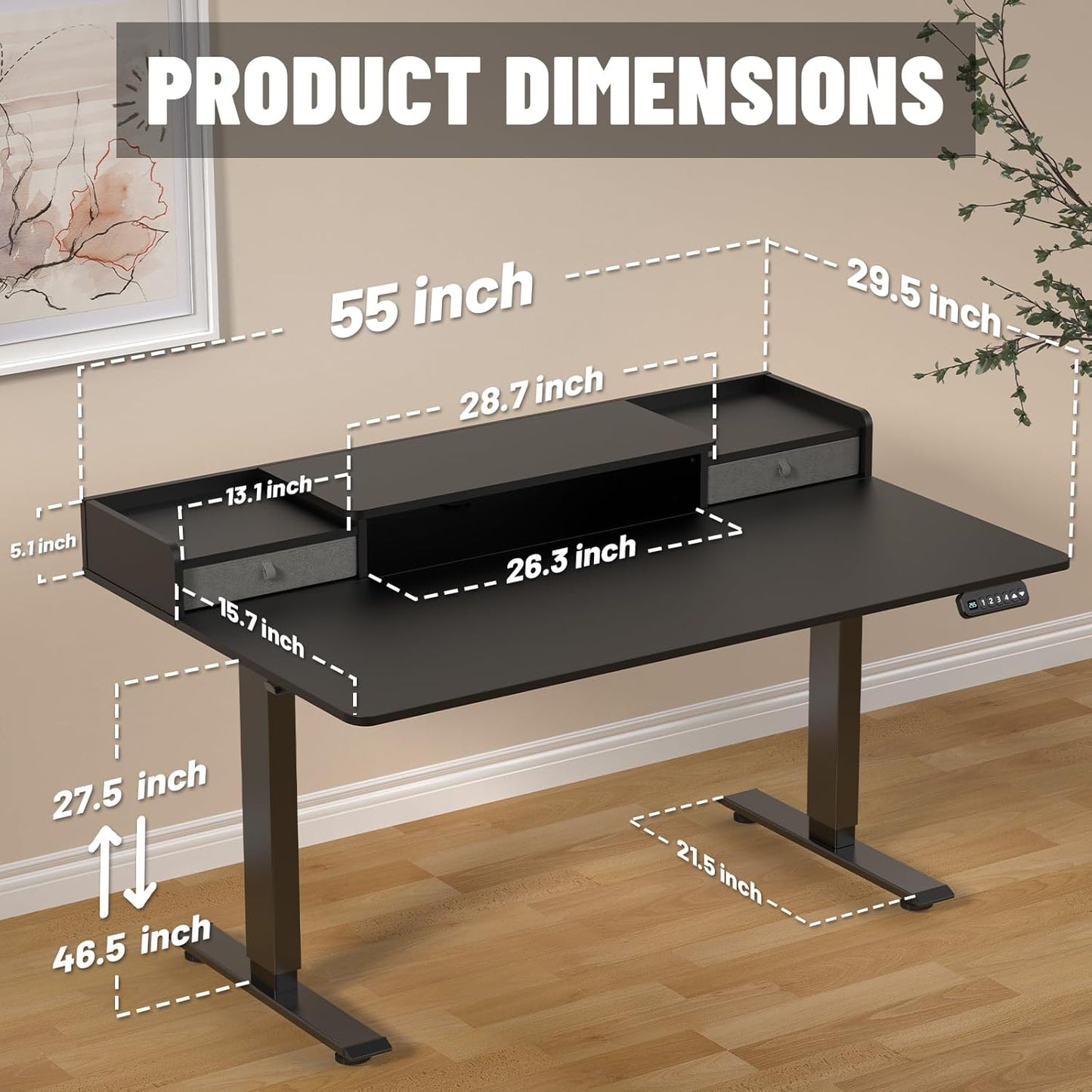 55 x 30 Inch Electric Standing Desk with 2 Drawers, Adjustable Height Widened Stand Up Desk with Storage, Sit to Stand Ergonomic Workstation for Home Office, Classic Black