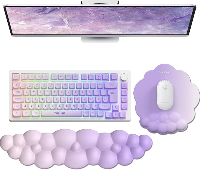 TECKNET Cloud Wrist Rest & Ergonomic Mouse Pad, Cloud Keyboard Wrist Rest with Non-Slip Base, PU Leather Memory Foam Wrist Pad for Keyboard and Mouse, Pain Relief for Typing, Gaming, Purple