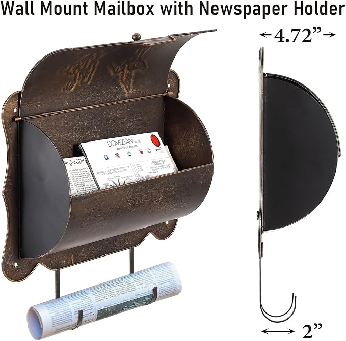 Wall Mount Mailbox with Newspaper Holder, Metal Wall Mailboxes for Outside, Vintage Decorative Front Porch Mail Box Wall Mounted, Horizontal Outdoor Mailbox with Hummingbird Accent, 17" x 5" x 17"