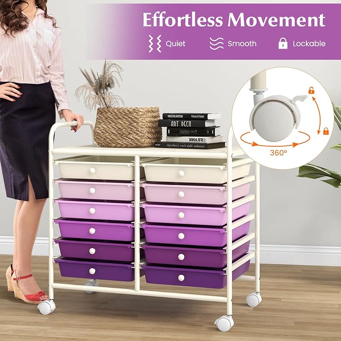 COSTWAY 12-Drawer Rolling Storage Cart, Utility Storage Organizer Cart | For Tools, Scrapbook, Paper, Craft, Multipurpose Art Supply on Wheels for Home Office School, Teacher, Purple Gradient