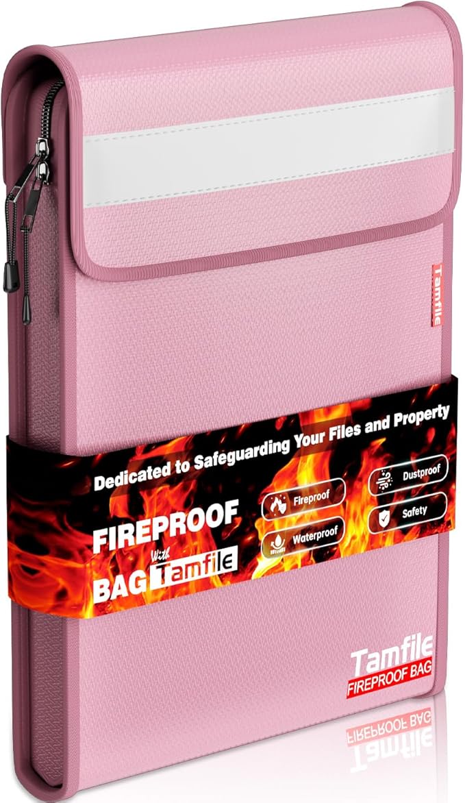 6400℉ Fireproof Document Bag, 15”x 11” Waterproof Document Organizer, Pink | Fireproof Money Bag, 2 Pockets,Safe Important Document Organizer for A4 A5 Legal Letter Size, Valuables, Legal Documents