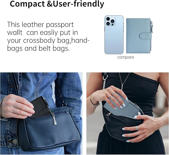 Passport wallet and Card Slot Combo RFID Blocking Leather Travel Passport Wallet for Men and Women with Zippered Coins Pocket Passport holder,LightBlue