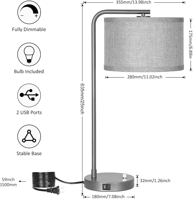 Gray Bedside Lamp with USB C+A Ports, Fully Dimmable Modern Nightstand Lamp | 25" Tall Side Table Lamp with Grey Fabric Shade, Reading Desk Lamp for Bedroom Living Room Office, 3000K LED Bulb Included