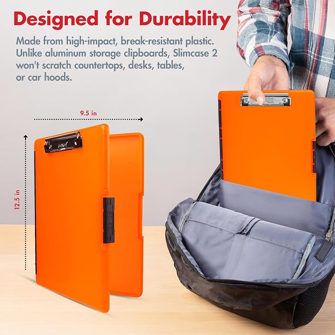 Dexas Slimcase 2 Plastic Clipboard with Storage and Side Opening, Neon Orange, Office Supplies Clipboards to Organize, Carry and Store, A4 Holder (Pack of 6)