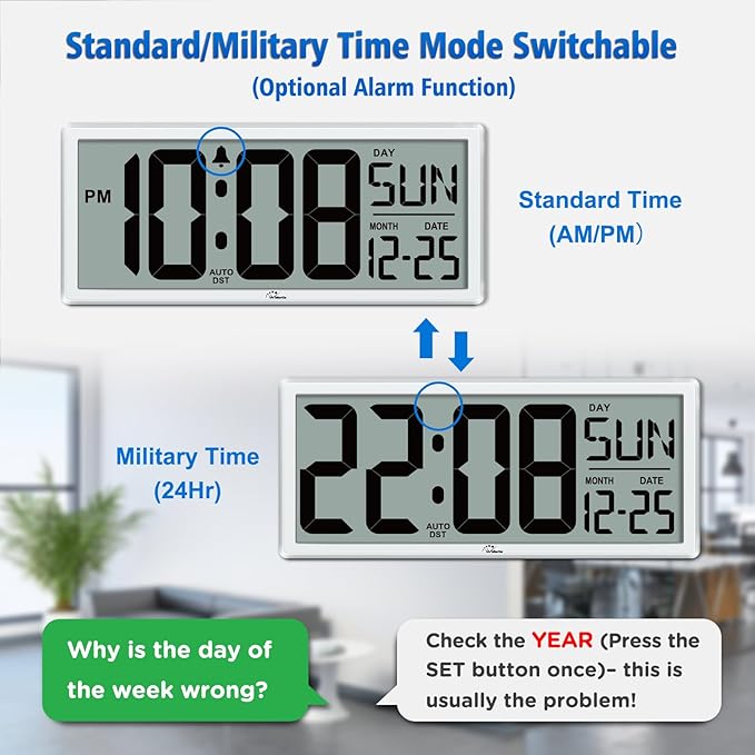 WallarGe 14.5'' Large Digital Wall Clock Battery Operated with Jumbo Numbers, Temperature and Date - Easy to Read and Set, Auto DST