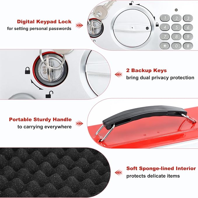 KYODOLED Red Safe Box with Digital Keypad Lock, Lock Box with Code for Personal Items, Metal Security Box for Cash, Passport, Jewelry, Ideal for Home, Office, Garage Sale, 11.8'' x 9.4'' x 3.5''