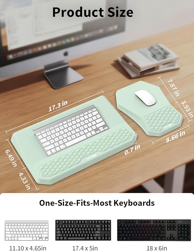 3-in-1 Ergonomic Keyboard Stand with Wrist Rest & Mouse Pad Set,Light Green | Comfy Keyboard Riser Holder Soft Mousepad with Massage Design, Memory Foam and Non-Slip PU Base for Pain Relief