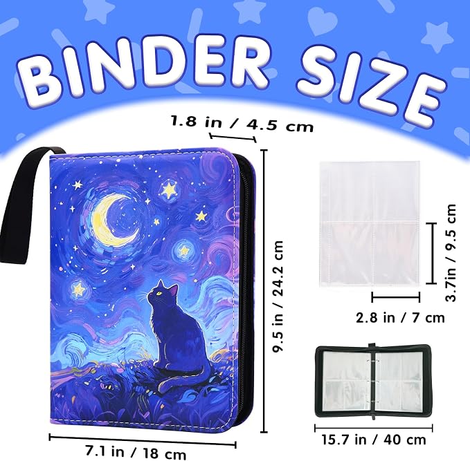 Cute Cat Card Binder, 400 Pocket Card Album for Girls Gifts, Black Cat kitten Trading Game Card Holder Album for Standard Size Cards, Collectible Game Collection Case (Starry)