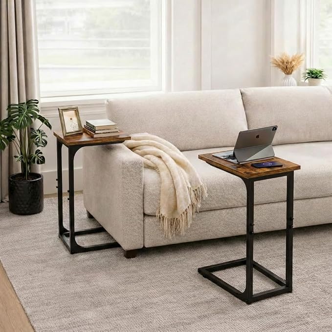 TEMI C Shaped End Table for Couch - Small Side Table and TV Tray for Eating or Laptop, Accent Desk for Chair or Sofa, Easy Assembly, Space-Saving Design for Living Room or Bedroom,Rustic Brown