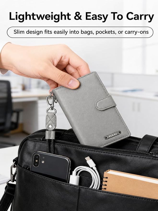 Trackable Passport Holder for Travel, RFID Blocking Wallet, Grey | Rechargeable PU leather cover works with Apple Find My and is Apple MFi certified; it includes card storage and a lanyard.