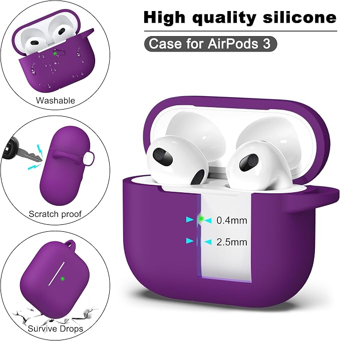 R-fun Compatible with AirPods 3 Case Cover, Silicone Protective Accessories Skin with Keychain Compatible with Apple AirPod 3rd Generation 2021 for Women Men Girls Boys,Front LED Visible,Plum
