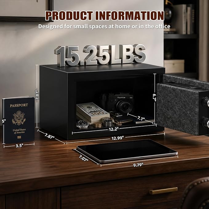𝟑𝟓-𝐌𝐢𝐧 𝟏𝟖𝟎𝟎°𝐅 Mini Fireproof Safe, 15.4 Lbs Heavy Duty Safe Box | Small Fire Safe with Alarm System, Sensor LED Light, Wall Mountable Design for Home & Office Storage of Cash, Passport