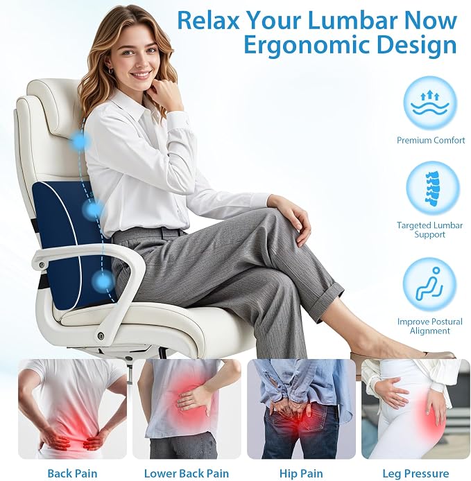 SweetSlubr Large Lumbar Support Pillow for Office Chair, Car Seats and Home Desks, Ergonomic Back Support with Double Adjustable Straps, Machine Washable Cover (Blue,XL)