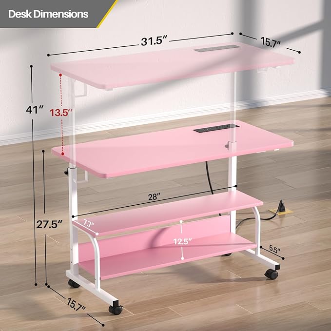 Armocity Height Adjustable Standing Desk with Power Outlets, 32" Manual Stand Up Desk with Storage Shelves Small Mobile Rolling Computer Desk Portable Laptop Table with Wheels for Home Office, Pink