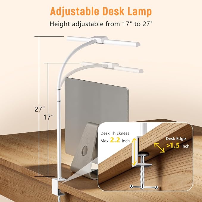 LED Desk Lamp for Home Office, Flexible Gooseneck Desk Lamp with Clamp, 5 Color Touch Control Stepless Dimming Adjustable Eye-Caring Desk Light with Adapter for Reading, Study, Workbench (White)