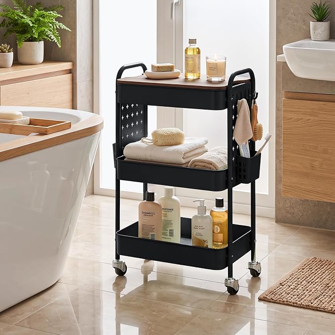 3 Tier Rolling Cart with DIY Pegboard, Metal Utility Cart with Table top | Sturdy Storage Organizer Cart with 360°Swivel Wheels& Locking Wheels, Hooks& Cups for Office, Classroom, Kitchen and Bathroom