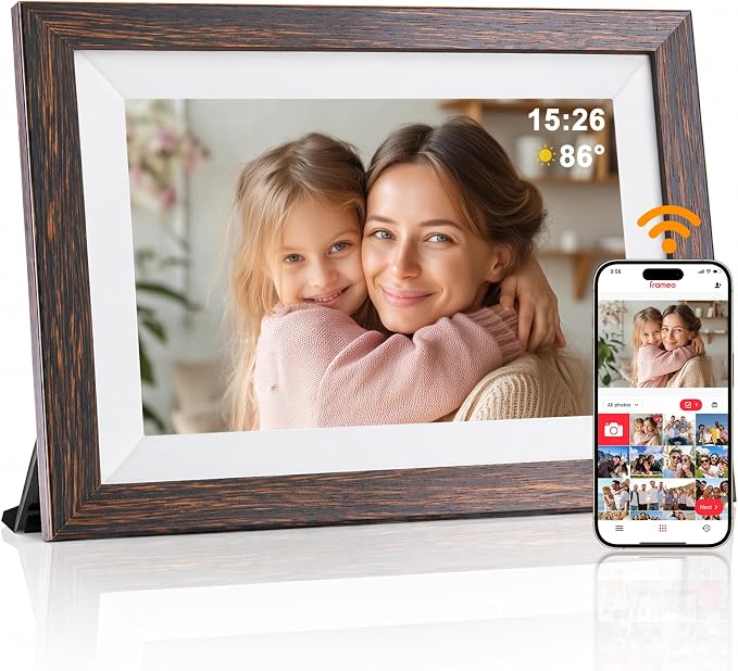 Digital Picture Frame, 10.1" Frameo Digital Frame WiFi with 1280x800 HD IPS Touch Screen, Auto-Rotate, Wall Mountable, Instant Share Photos & Videos from Phone via App, Brown Wood