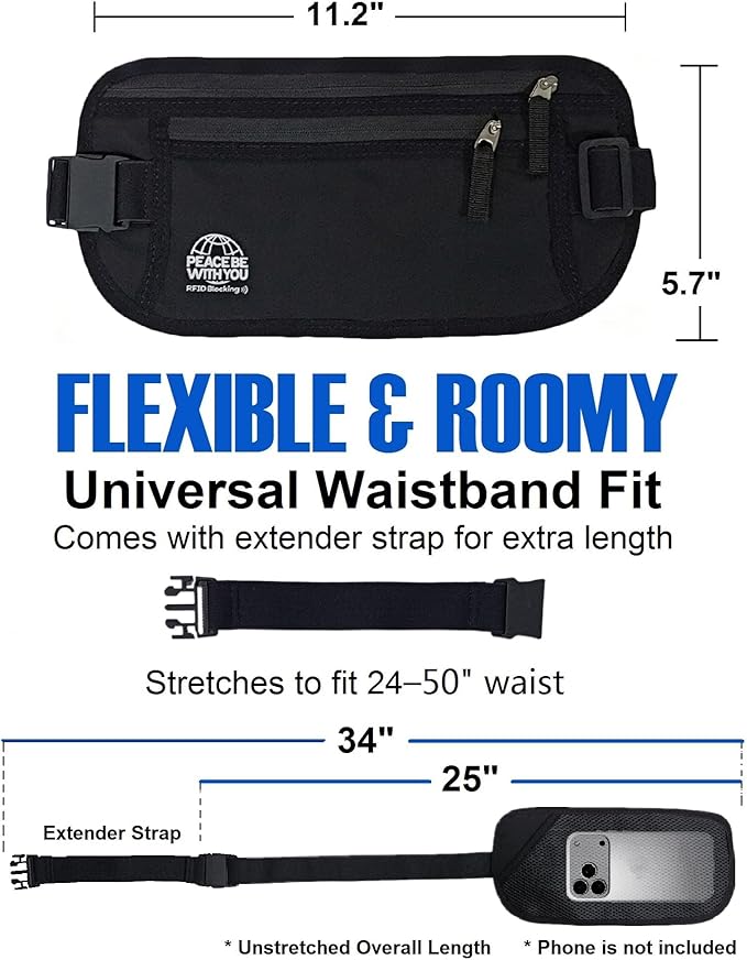 Money Belt for Travel, Passport Holder, RFID Blocking, Extender Strap | 3rd Gen Slim Waist Wallet Anti Theft to Protect Cash, Credit Cards and Document Under-Clothes for Men & Women, Black, Bamneat