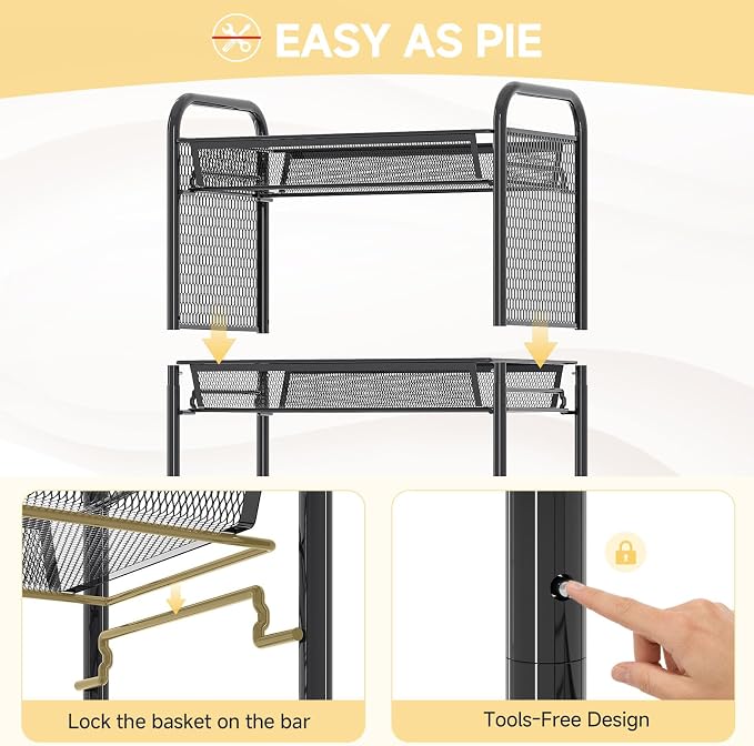 KINGRACK 4 Tier Rolling Cart, Metal Utility Storage Cart with Pegboard | Screwless Assembly, Lockable Wheels, 4 Hooks & 1 Bin, Mobile Organizer for Bathroom Kitchen Office Craft Room Laundry, Black