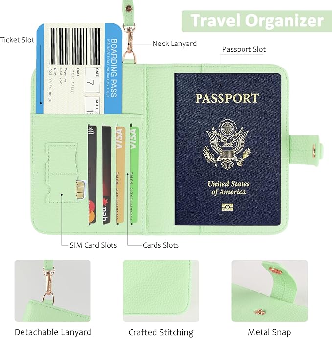 Passport Holder RFID Protected Wallet and Luggage Tag with Protection Cover Travel Accessories Leather Card Case Organizer for Women Men (Green)