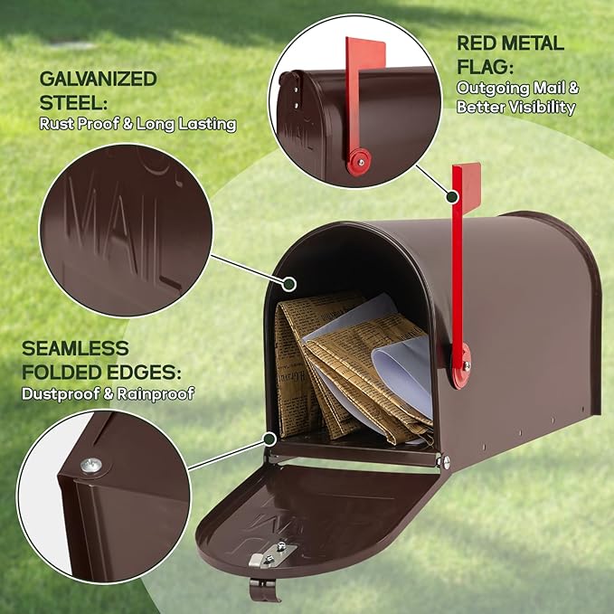 Bronze Metal Mailbox Post Mount, RAINHOL Medium Compacity Mail Box, Galvanized Steel Standard Mailboxes for Outside, 20 x 8.7 x 6.7 inches