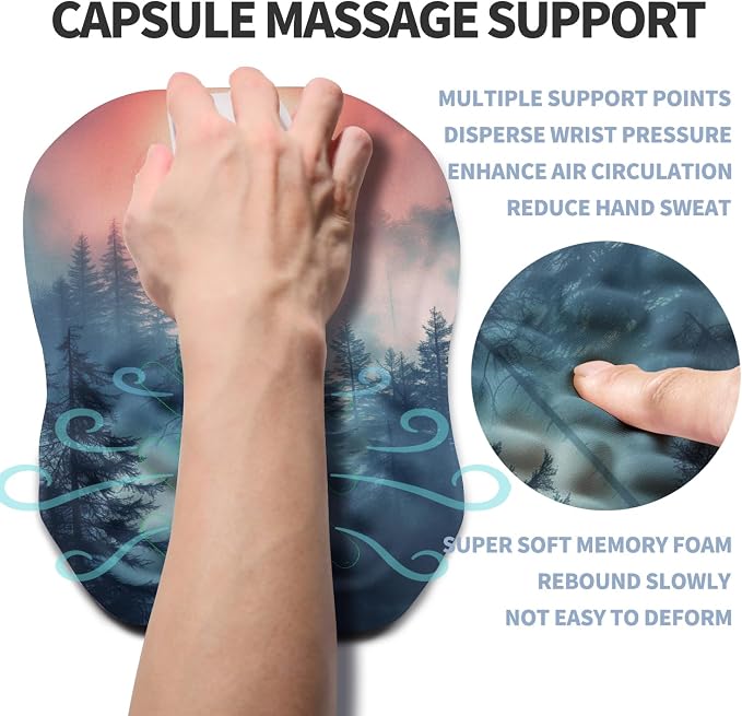 Ergonomic Raised Mouse Pad Wrist Support with Bilateral Slope Memory Foam Mousepad for Wrist Rest and Carpal Tunnel Pain Relief 11.8x7.9〃Misty Forest Twilight