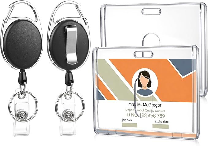 2 Set Badge Holder Retractable Clip Heavy Duty Badge Reel with Acrylic Clear Horizontal ID Card Badge Holders for Work Office Nurse Teacher Student