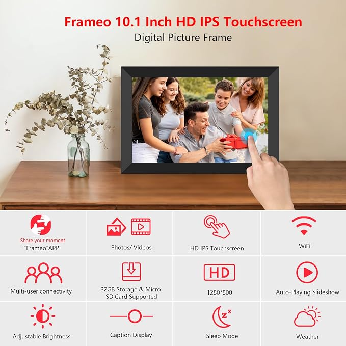 Frameo 10.1 Inch WiFi Digital Photo Frame with Calendar, 32GB Digital Picture Frame with 1280x800 IPS HD Touch Screen, Auto-Rotate Wall Mount, Easy Share Photos/Videos from Phone - Gifts for Mom