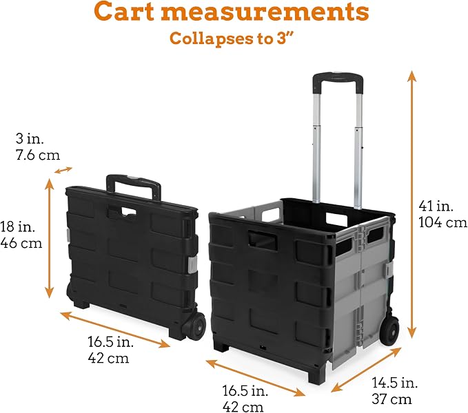 Ultra-Slim Rolling Collapsible Storage Pack-N-Roll Utility-carts, with Telescopic Handle, for Home, Garden, Shopping, Office, School use, Large, Grey & Black