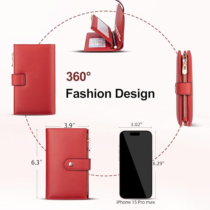yiijay Womens Wallet RFID Blocking Leather Trifold Clutch Wallet Credit Card Holder Ladies Travel Wallet Purse with Passport/Pen Holder