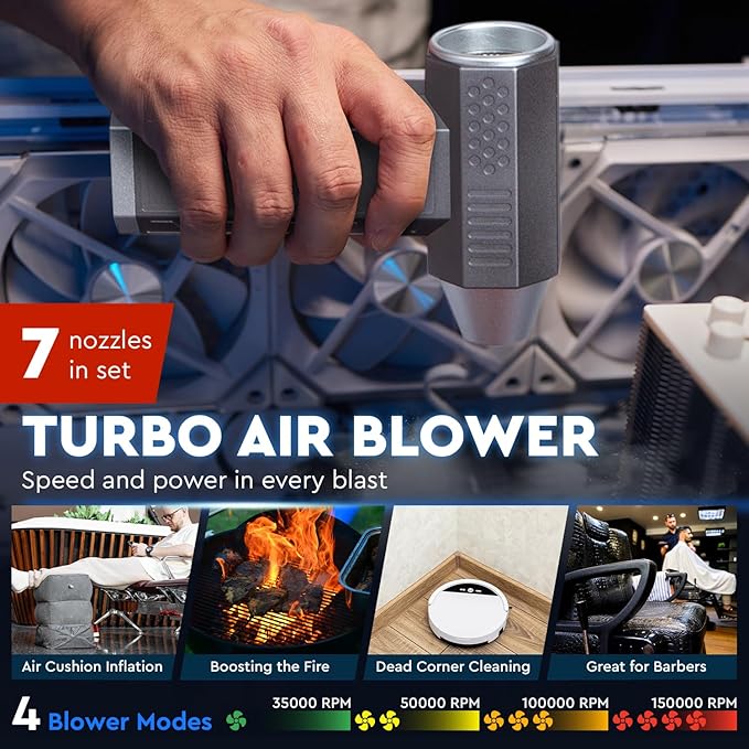 2in1 Electric Air Duster&Vacuum Cleaner - 150,000 RPM Compressed Air Duster with 4 Modes, Portable Air Blower & Rechargeable, Mini Blower for Computer, Keyboard, Electronics (Aircraft-Grade Aluminum)