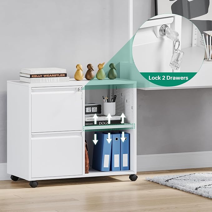 Mobile File Cabinet, Metal Lateral Rolling Printer Stand Filing Cabinets with Shelves for Home Office-Storage A4/F4/Letter (White)