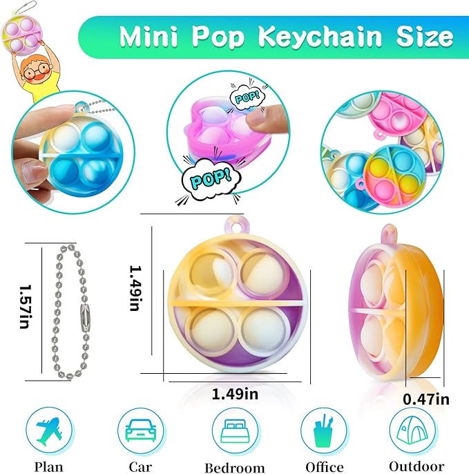 ONKULL Pop Fidget Keychain 60 Pack ,Mini Fidget Toys Bulk ,Sensory Toys for Kids ,Party Favors for Kids 4-8,8-12 Year ,Back to School Gifts for Classroom ,Birthday Goodie Bags Stuffers