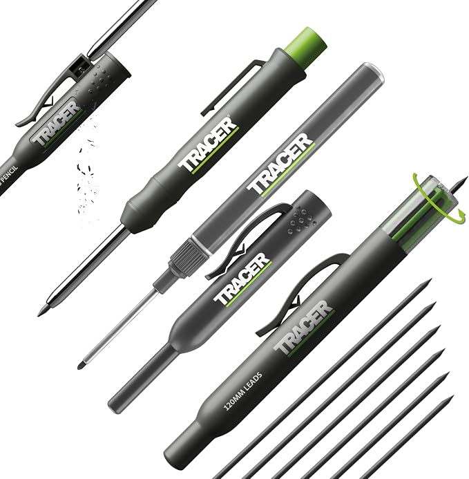 Tracer Complete Deep Hole Marking Kit - Includes Double-Tipped Long Head Deep Hole Permanent Marker and Deep Hole Construction Pencil with 6 Replacement Lead Dispenser Site Holster | Deep hole construction pencil, double-tipped permanent marker, 6 repl...