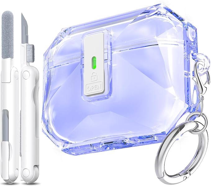 for AirPods Pro 3 Case Transparent with Lock, Clear Purple | Compatible MagSafe, Compatible with Apple AirPods Pro 3rd Generation Case with Cleaning Kit & Keychain, Auto Pop-Up