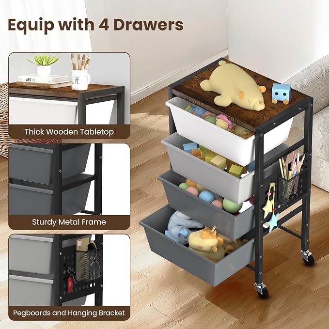 Rolling Cart with 4 Drawers, Plastic Drawer Storage Carts with Wheels & Wooden Tabletop, Metal Utility Cart with Pegboards, Office Living Room Classroom Craft Organization and Storage, Dark Grey