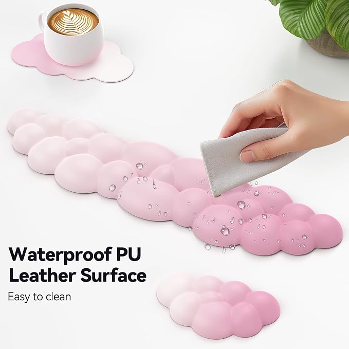 TECKNET Cloud Keyboard Wrist Rest Set, Cloud Wrist Rest with Non-Slip Base, PU Leather Wrist Pad for Keyboard with Ergonomic Memory Foam for Computer Laptop Office Gaming & Pain Relief, Gradient Pink
