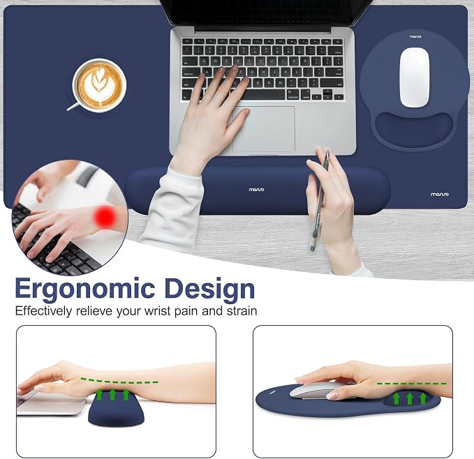 MOSISO Wrist Rest for Mouse Pad Set, Large Gaming Deskpad, Navy Blue | Circle Curved Mousepad&Keyboard Wrist Rest&Coaster, Ergonomic Non-Slip Mousepad&Easy Typing Pad with Silicone Lining