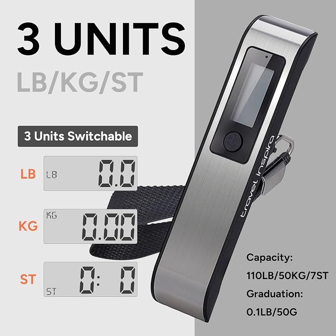 travel inspira Luggage Scale, Portable Digital Hanging Baggage Scale for Travel, Suitcase Weight Scale with Rubber Paint, 110 Pounds, Battery Included