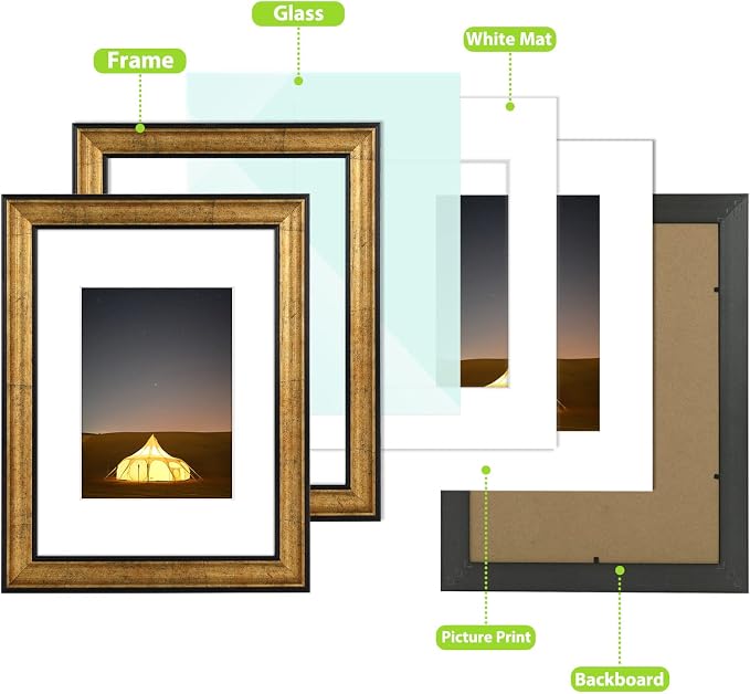 Golden State Art, 9X12 Photo Frame with White Mat for 6X8 Pictures & Real Glass, 1.25-Inch Wide, Antique Gold