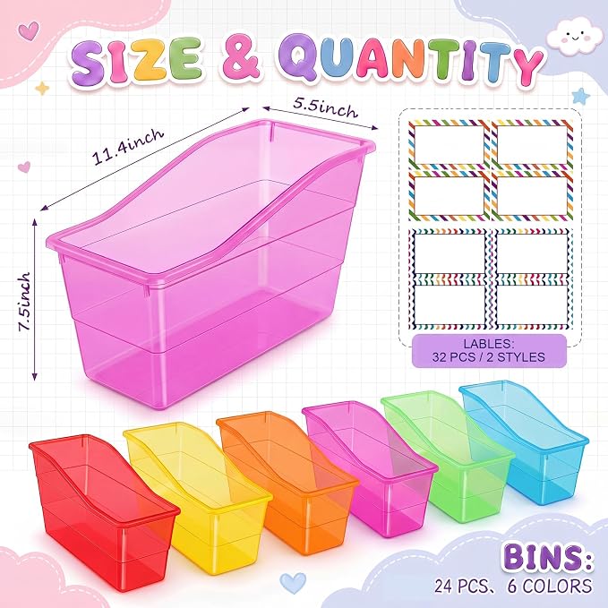 Blosssound 24 Set Book Bins for Classroom Stackable,Translucent Colorful | Plastic Baskets with Labels, Slanted Front, Library Supplies Organizers, Desktop Storage Bins, Teachers Home School Use