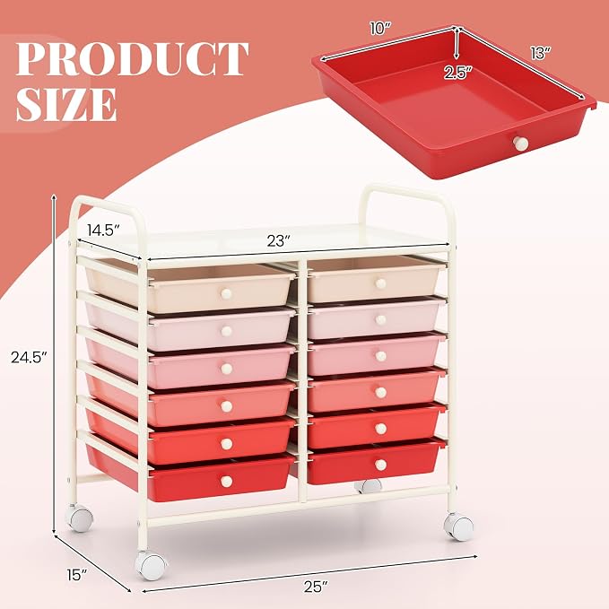 RELAX4LIFE 12-Drawer Rolling Storage Cart - Mobile Utility Cart on Wheels for School Classroom Teacher Office Salon, Paper File Art Supply Craft Organizer, Rolling Cart with Drawers (Gradient Pink)
