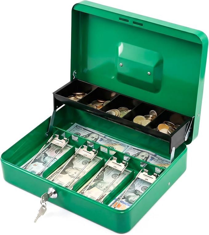 KYODOLED Locking Cash Box with Lock,Money Box with Cash Tray,Lock Safe Box with Key,Money Saving Organizer,11.81Lx 9.45Wx 3.54H Inches,Green XL Large
