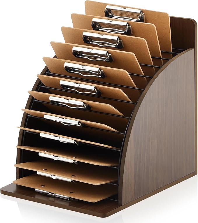 Wonderjune 1 Pack Clipboard Holder Wooden Metal Clipboards Storage Rack with Raised Side Panel, Back to School Supply for Classroom Office School Teacher, Clip Boards Not Included(Walnut)