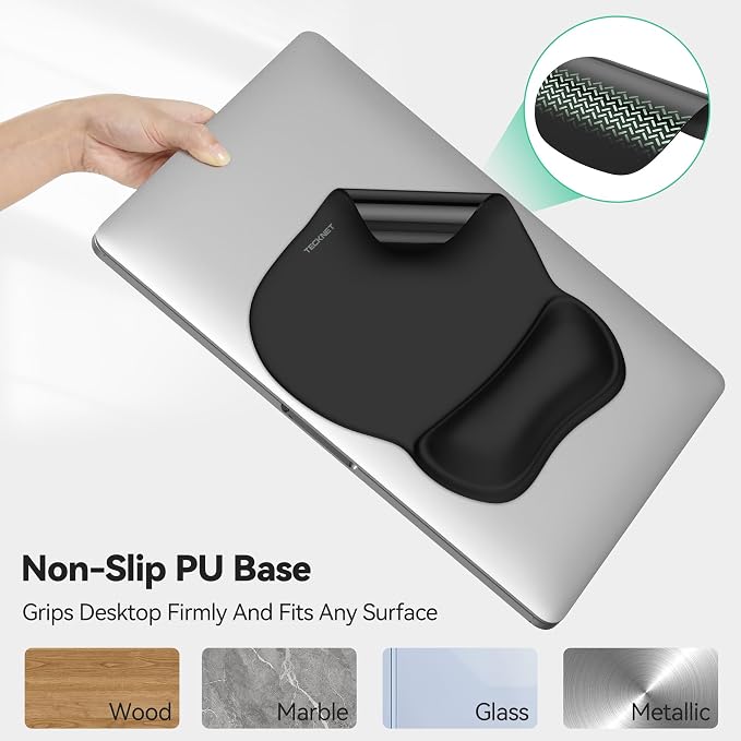 TECKNET Gel Ergonomic Mouse Pad with Wrist Rest, Non-Slip PU Base, Black | Comfortable Gel Cushion, Pain Relief, Smooth and Waterproof Surface, Mouse Pad with Wrist Rest for Office, Gaming and Study