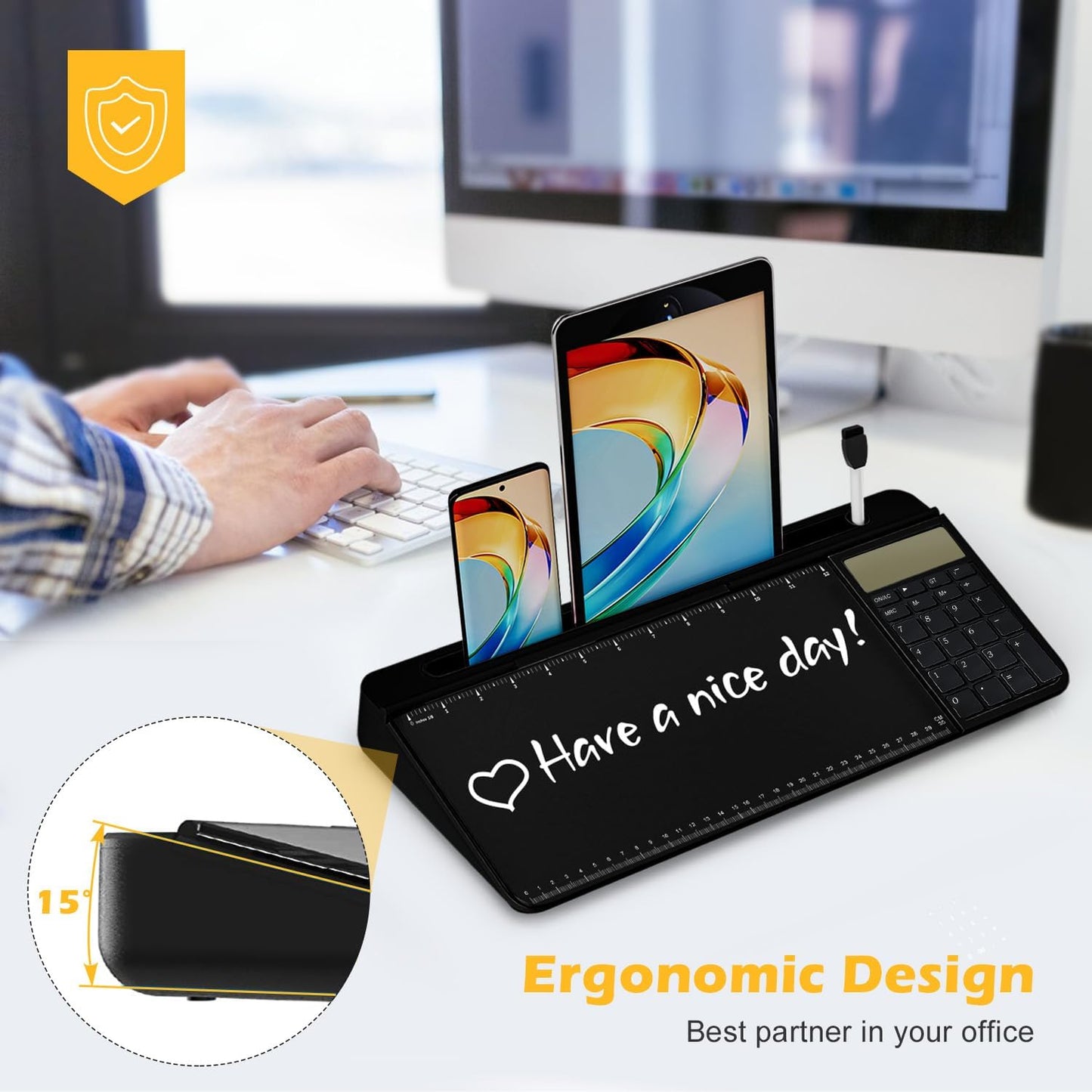 Desktop Glass Whiteboard with Mirror & Calculator(12 Digit LCD Display) & Ruler Marker,Tilted Computer Keyboard Stand with Dry Erase Board Surface, Desk Organizers with Accessories,Black
