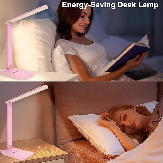 White crown LED Desk Lamp Dimmable Table Lamp Reading Lamp with USB Charging Port, 5 Lighting Modes, Sensitive Control, 30/60 Minutes Timer Pink (Pink, First-Generation)