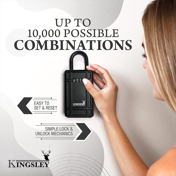 Kingsley KL313 Large Capacity Key Storage Box with Resettable Code, Water Resistant Realtor Key Lock Box for Spare Keys, Lock Box for Home, Apartment, AirBnB